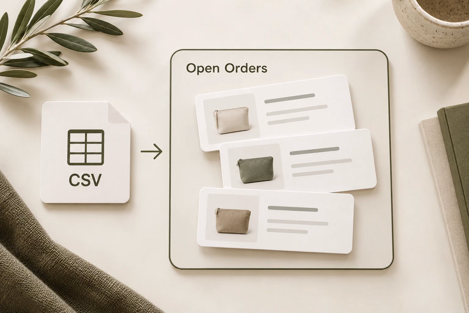 A CSV file groups customer order records for review in Open Orders